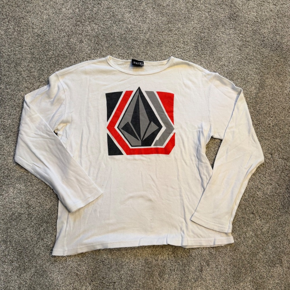 Y2K Volcom Mens White Waffle Knit Thermal Long Sleeve Graphic Shirt Large